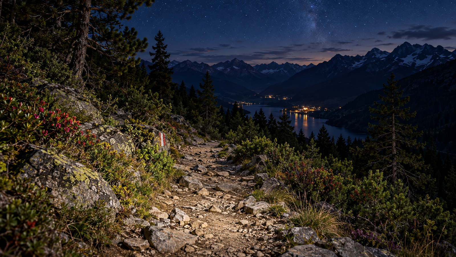 Rocky mountain trail at night